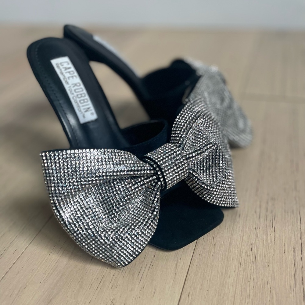 Cape Robbin Black and Silver Rhinestone Bow Heels